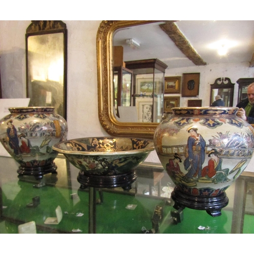 886 - Pair of Oriental Baluster Formed Vases and Dish Approximately 14 Inches Wide Stands Present