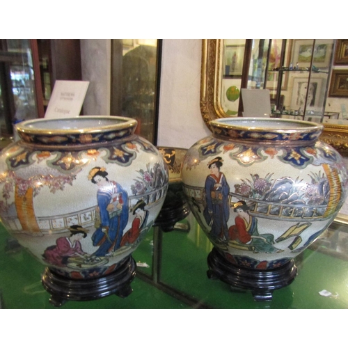 886 - Pair of Oriental Baluster Formed Vases and Dish Approximately 14 Inches Wide Stands Present