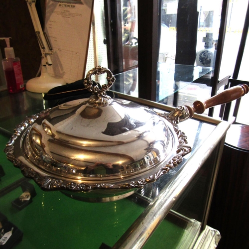 887 - Edwardian Silver Plated Flambe Pan with Original Cover Rocco Detailing Full Size