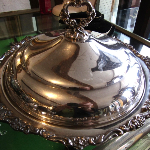 887 - Edwardian Silver Plated Flambe Pan with Original Cover Rocco Detailing Full Size