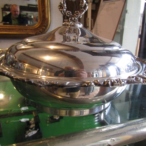 887 - Edwardian Silver Plated Flambe Pan with Original Cover Rocco Detailing Full Size