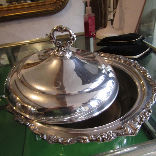 887 - Edwardian Silver Plated Flambe Pan with Original Cover Rocco Detailing Full Size