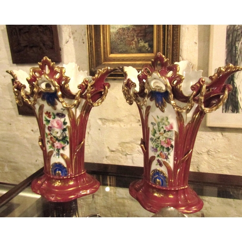 934 - Pair of Edwardian Fine Porcelain Vases Floral and Gilt Decoration Each Approximately 12 Inches High