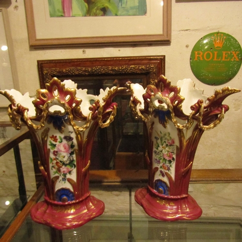 934 - Pair of Edwardian Fine Porcelain Vases Floral and Gilt Decoration Each Approximately 12 Inches High