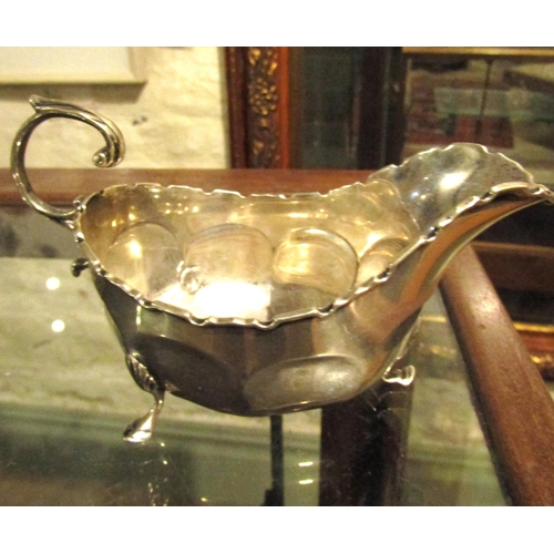 936 - Silver Sauce Boat Flying C Scroll Handle Above Shaped Supports