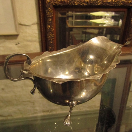 937 - Irish Silver Sauce Boat Flying C Scroll Handle Above Shaped Supports