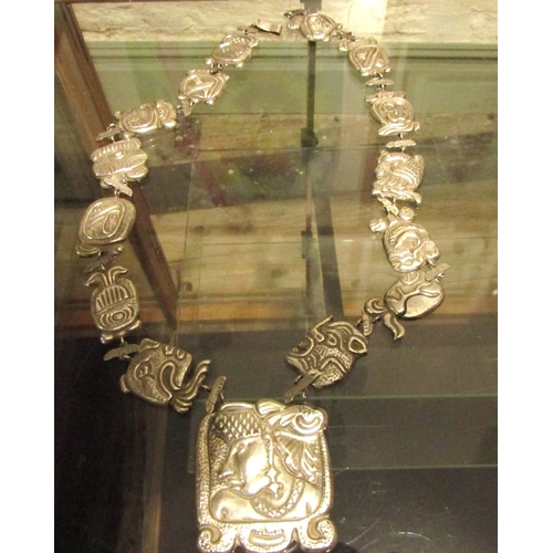 938 - Mexican Silver Necklace of Heavy Weight Various Incised Decorative Scenes Signed Two Verso