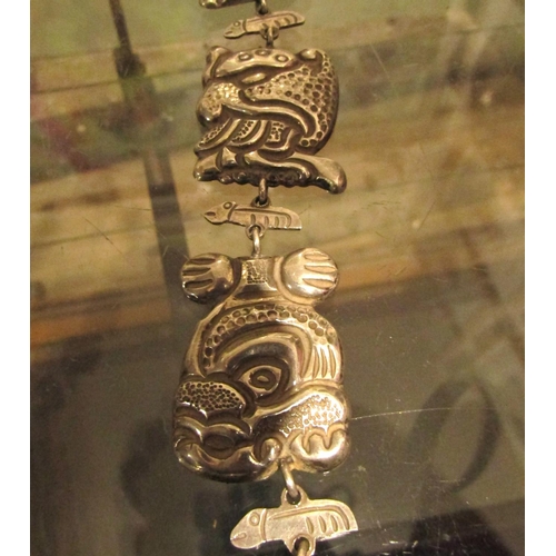 938 - Mexican Silver Necklace of Heavy Weight Various Incised Decorative Scenes Signed Two Verso