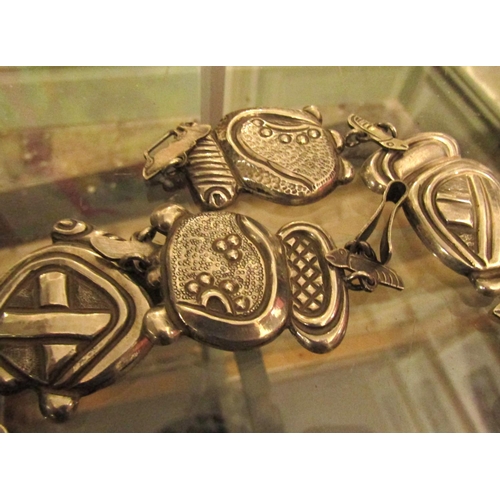 938 - Mexican Silver Necklace of Heavy Weight Various Incised Decorative Scenes Signed Two Verso