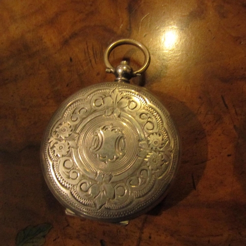 939 - Silver Cased Pocket Watch Roman Numeral Decorated Dial