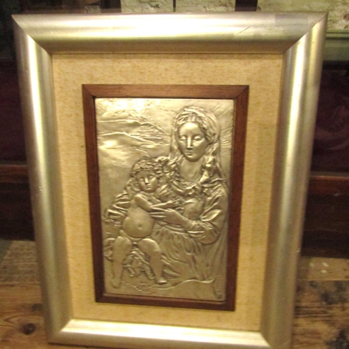 948 - Silver Plaque Madonna and Child Framed Silver Gilt Decoration Hallmark and Signed Lower Right Approx... 