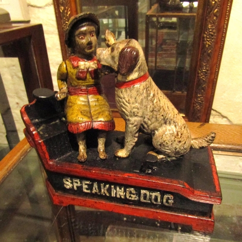 956 - Old Cast Iron Money Bank Speaking Dog Figure Approximately 6 Inches Wide