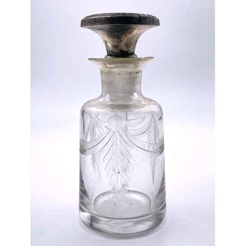 145 - Silver Top Perfume Bottle Engraved Crystal Original Dipper Approximately 5 Inches High