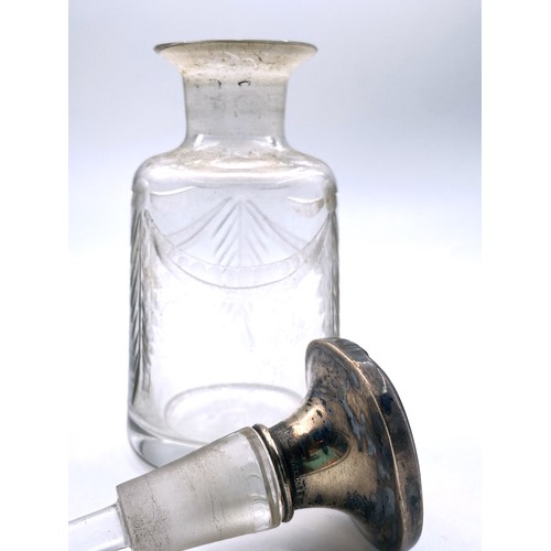 145 - Silver Top Perfume Bottle Engraved Crystal Original Dipper Approximately 5 Inches High