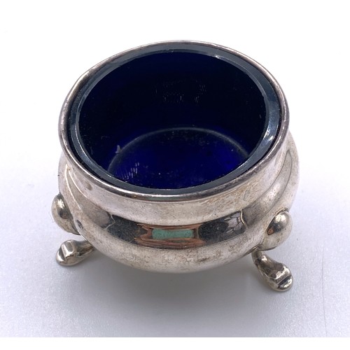 518 - Silver Table Salt Skillet Form Original Bristol Blue Glass Liner Present Approximately 4cm High