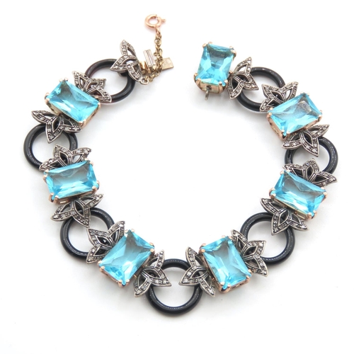 101 - 9 Carat Gold Set Emerald Cut Blue Topaz with Black Onyx and Diamond Ladies Bracelet Articulated Form... 