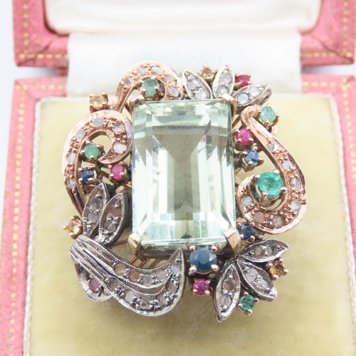 102 - Aquamarine Emerald Cut Centerstone Ring with Ruby Sapphire and Emerald Surround 9 Carat Rose Gold Se... 