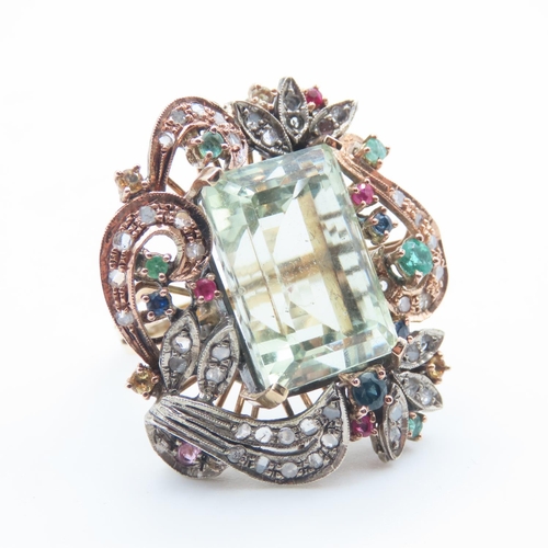 102 - Aquamarine Emerald Cut Centerstone Ring with Ruby Sapphire and Emerald Surround 9 Carat Rose Gold Se... 