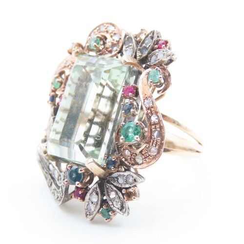 102 - Aquamarine Emerald Cut Centerstone Ring with Ruby Sapphire and Emerald Surround 9 Carat Rose Gold Se... 