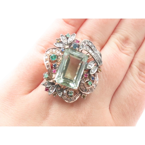 102 - Aquamarine Emerald Cut Centerstone Ring with Ruby Sapphire and Emerald Surround 9 Carat Rose Gold Se... 