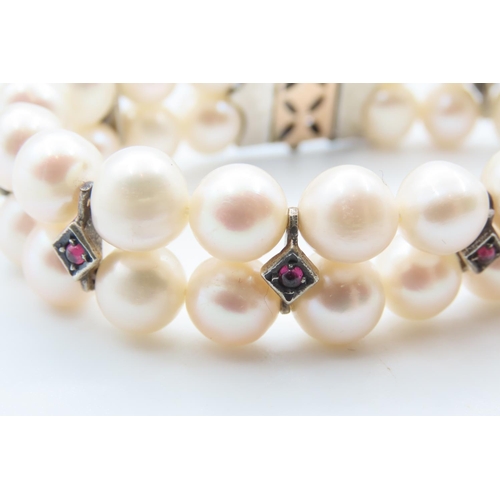 103 - Twin Strand Pearl Bracelet Set with Rubies and Diamonds 9 Carat Yellow Gold Clasp 18cm Long