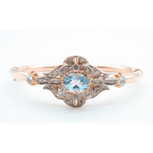 104 - 9 Carat Rose Gold Aquamarine Set Ladies Bangle Further Decorated with Diamonds Inner Width 6.5cm