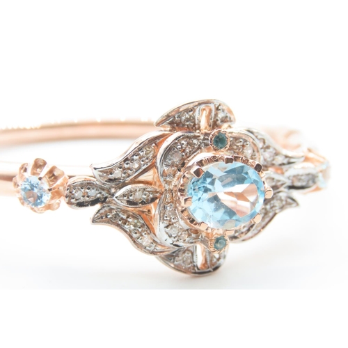 104 - 9 Carat Rose Gold Aquamarine Set Ladies Bangle Further Decorated with Diamonds Inner Width 6.5cm