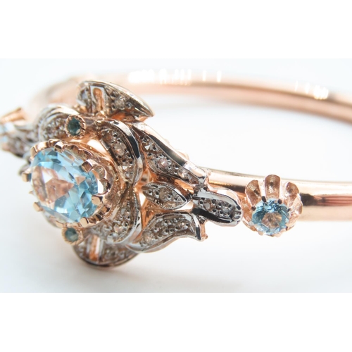 104 - 9 Carat Rose Gold Aquamarine Set Ladies Bangle Further Decorated with Diamonds Inner Width 6.5cm