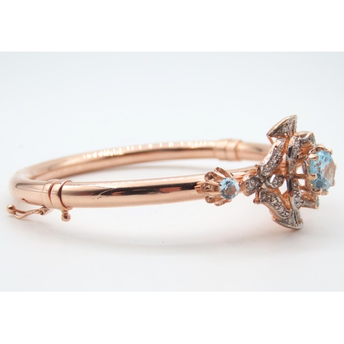 104 - 9 Carat Rose Gold Aquamarine Set Ladies Bangle Further Decorated with Diamonds Inner Width 6.5cm