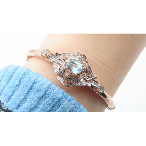 104 - 9 Carat Rose Gold Aquamarine Set Ladies Bangle Further Decorated with Diamonds Inner Width 6.5cm