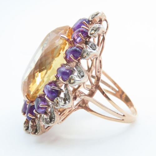 105 - Citrine Oval Cut Statement Ring Mounted on 9 Carat Rose Gold Band Further Set with Entourage of Amet... 