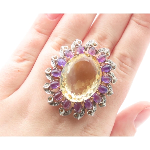 105 - Citrine Oval Cut Statement Ring Mounted on 9 Carat Rose Gold Band Further Set with Entourage of Amet... 