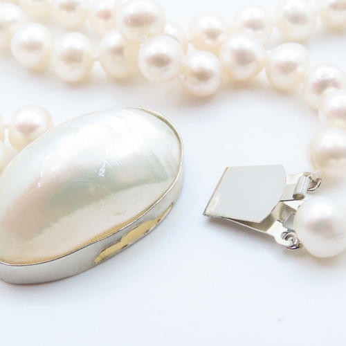 112 - Pearl Necklace 42cm Long with Shell Motif Adorned Clasp