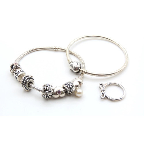 117 - Two Silver Pandora Charm Bracelets with Silver Bow Ring Size I