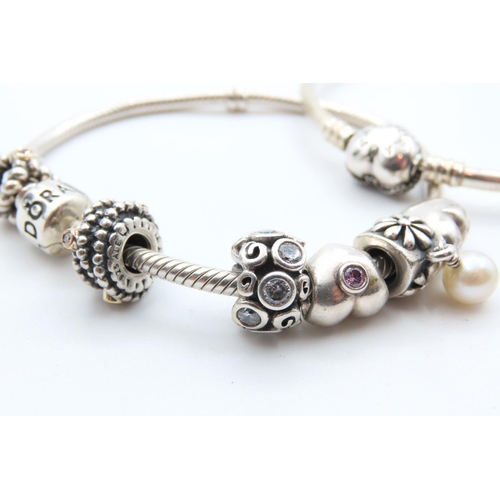 117 - Two Silver Pandora Charm Bracelets with Silver Bow Ring Size I