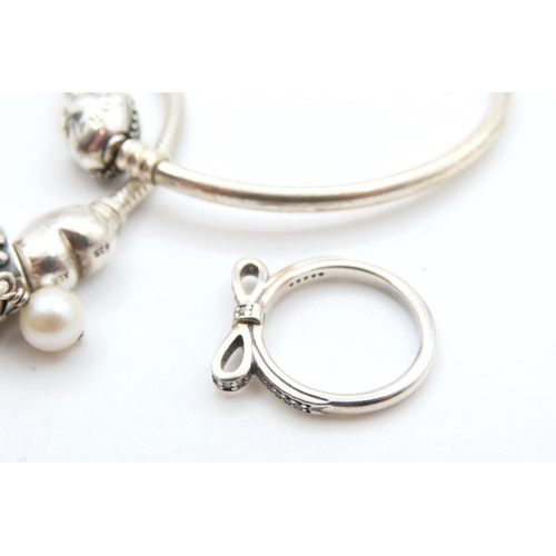 117 - Two Silver Pandora Charm Bracelets with Silver Bow Ring Size I