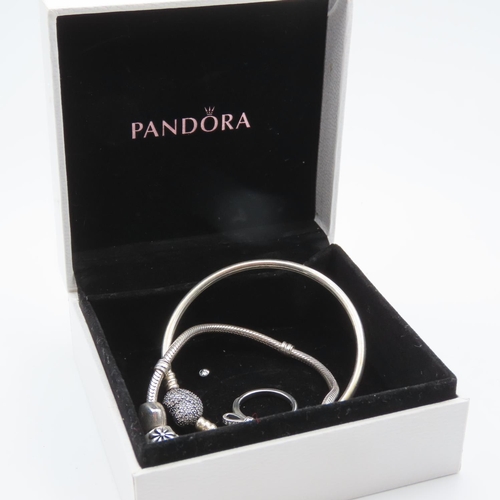 117 - Two Silver Pandora Charm Bracelets with Silver Bow Ring Size I