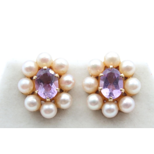 Pair of Amethyst and Pearl Ladies Earrings Set in 9 Carat Yellow Gold Each 1.5cm High
