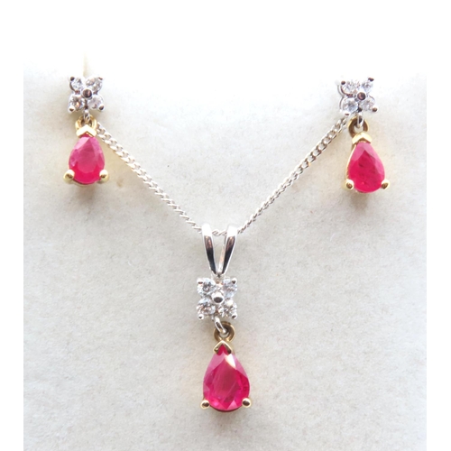 134 - Pear Cut Ruby and Diamond Set Necklace and Earring Set Mounted in 18 Carat Yellow and White Gold Cha... 