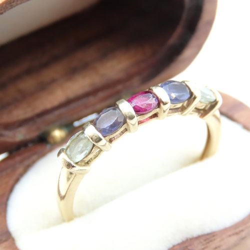 135 - Polished Amethyst Aquamarine and Ruby Five Stone Ring Set in 9 Carat Yellow Gold Ring Size V and a H... 