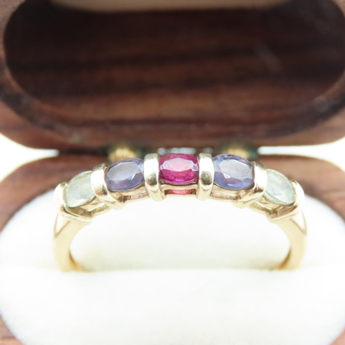 135 - Polished Amethyst Aquamarine and Ruby Five Stone Ring Set in 9 Carat Yellow Gold Ring Size V and a H... 