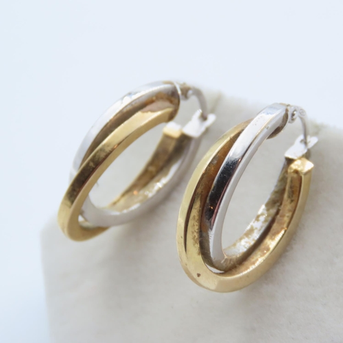 Pair of 9 Carat Yellow and White Gold Crossover Hoop Earrings Each 2.5cm High