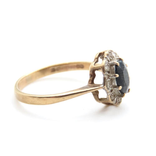 172 - Sapphire and Diamond Ladies Cluster Ring Set in 9 Carat Yellow Gold Ring Size P and a Half