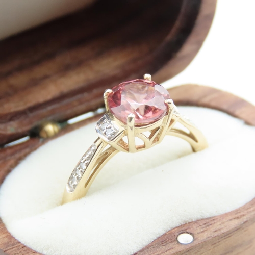 173 - Pink Tourmaline and Diamond Set Ladies Ring Mounted in 9 Carat Yellow Gold Ring Size N and Half