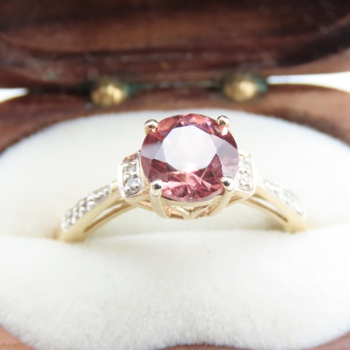 173 - Pink Tourmaline and Diamond Set Ladies Ring Mounted in 9 Carat Yellow Gold Ring Size N and Half