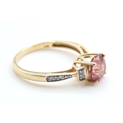 173 - Pink Tourmaline and Diamond Set Ladies Ring Mounted in 9 Carat Yellow Gold Ring Size N and Half