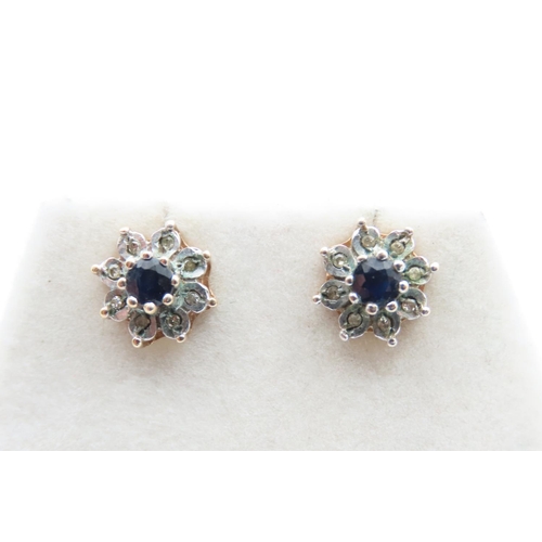 180 - Pair of Sapphire and Diamond Ladies Floral Motif Earrings Each 1cm High