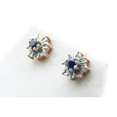 180 - Pair of Sapphire and Diamond Ladies Floral Motif Earrings Each 1cm High