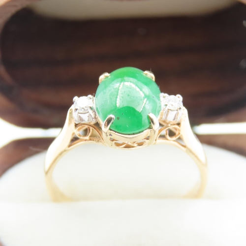 191 - Jade and Diamond Ring Mounted on 14 Carat Yellow Gold Size M and a Half