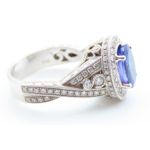 2 - Tanzanite and Diamond Ring Set in 18 Carat White Gold Attractively Detailed Further Diamonds Set to ... 